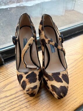 Prada Ponyhair Leopard Mary Jane Heels Brown